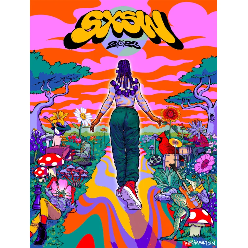 The Official 2023 SXSW Poster was designed by local Austin artist, Rex Hamilton. This silkscreen is signed by the artist and hand numbered in a limited run of 400. Final artwork may vary slightly. Final Size 18x24